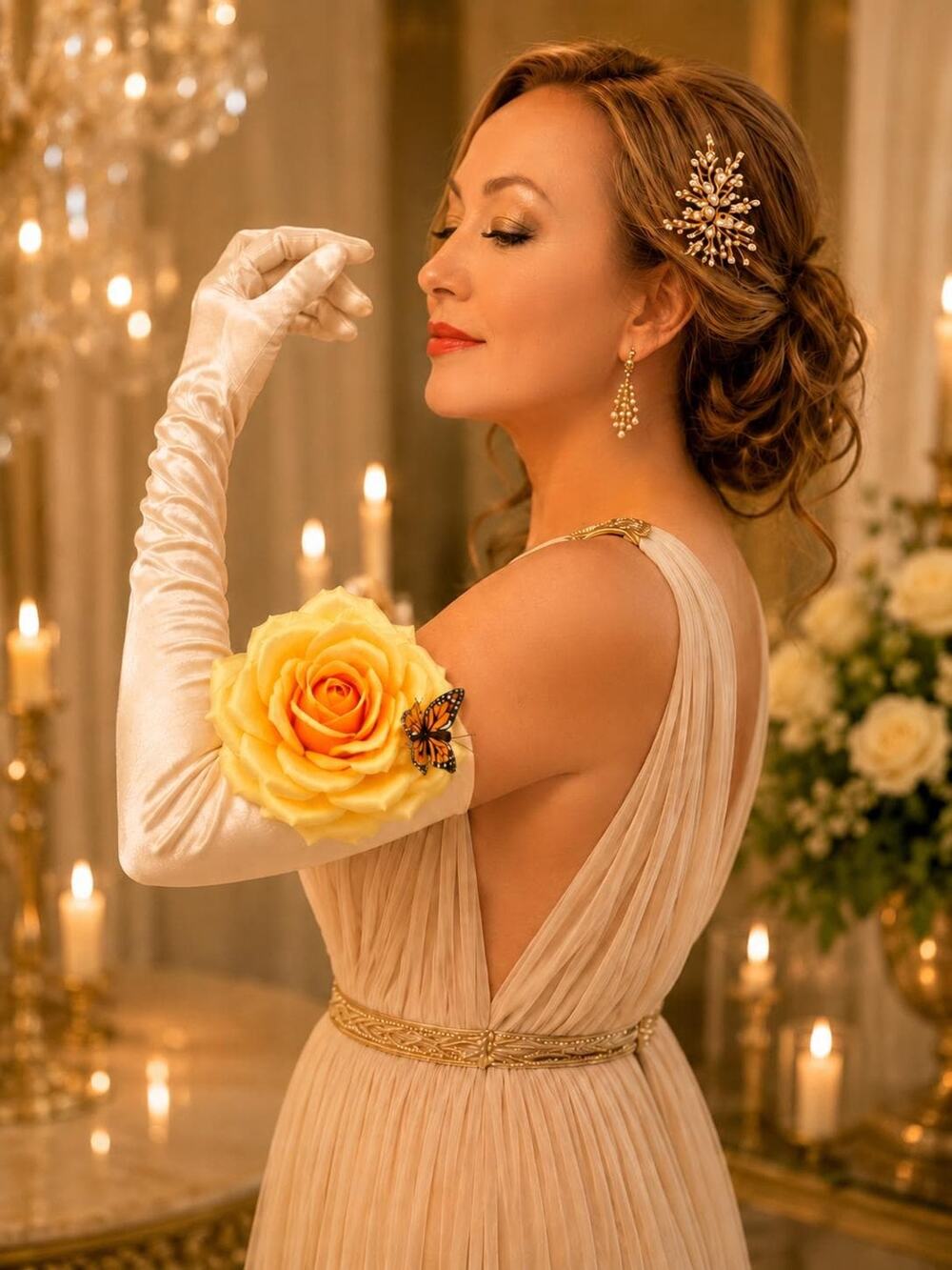 Handmade Ivory Satin Opera Gloves, Yellow Rose Butterfly Embellishment, Formal